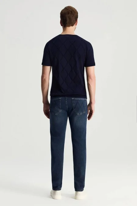 Saf Pamuk Argyle Örme Desen Bisiklet Yaka Lacivert Triko T-Shirt