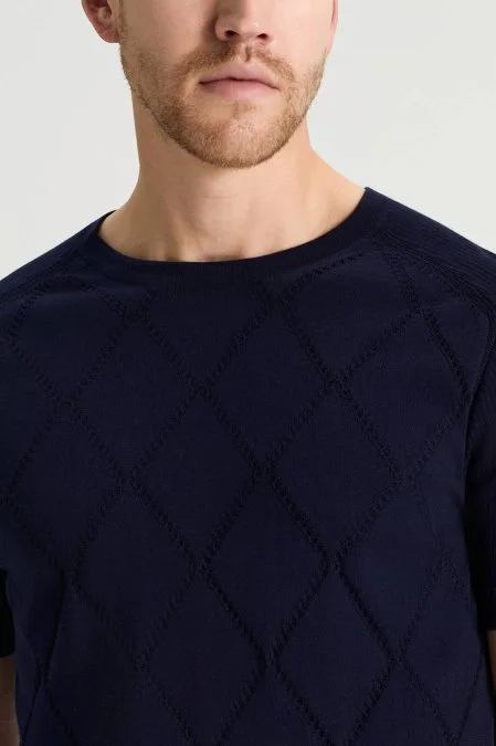 Saf Pamuk Argyle Örme Desen Bisiklet Yaka Lacivert Triko T-Shirt
