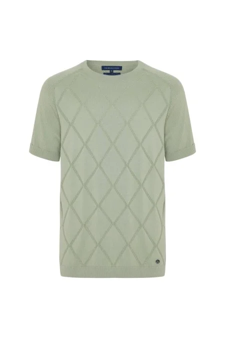 Saf Pamuk Argyle Örme Desen Bisiklet Yaka Yeşil Triko T-Shirt
