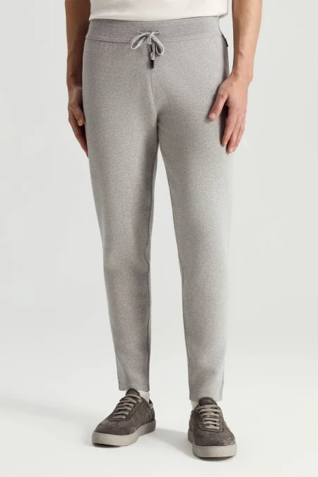 Saf Pamuk Bağcık Detaylı Açık Gri Slim Fit Triko Pantolon