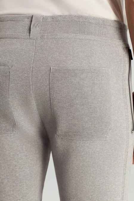 Saf Pamuk Bağcık Detaylı Açık Gri Slim Fit Triko Pantolon