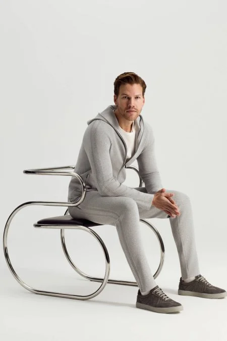 Saf Pamuk Bağcık Detaylı Açık Gri Slim Fit Triko Pantolon