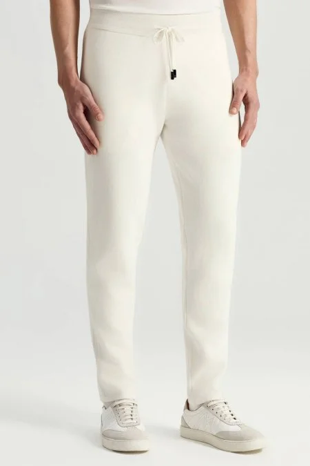 Saf Pamuk Bağcık Detaylı Beyaz Slim Fit Triko Pantolon