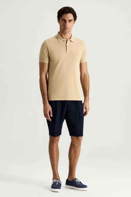 Saf Pamuk Bej Polo Yaka T-Shirt