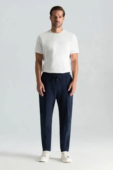 Saf Pamuk Beli Lastikli Lacivert Jogger Pantolon