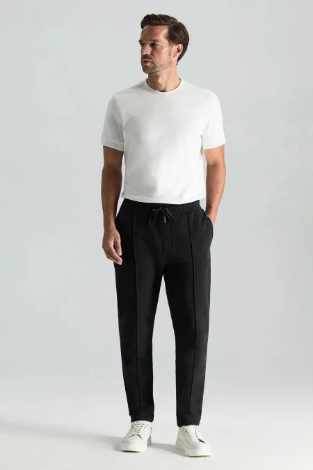 Saf Pamuk Beli Lastikli Siyah Jogger Pantolon