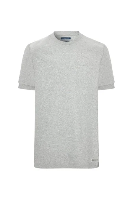 Saf Pamuk Bisiklet Yaka Açık Gri Basic T-Shirt