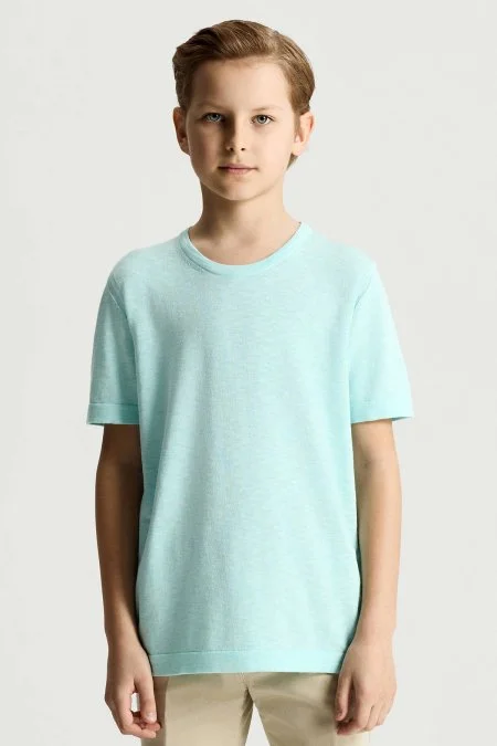 Saf Pamuk Bisiklet Yaka Açık Mavi Çocuk Triko T-Shirt