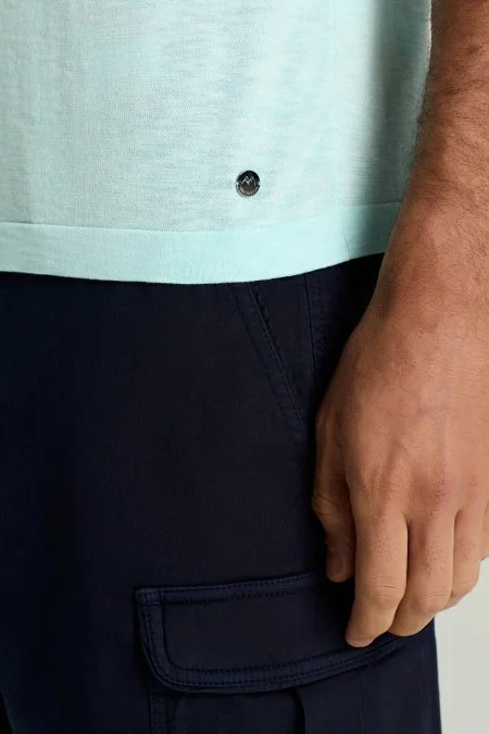 Saf Pamuk Bisiklet Yaka Açık Mavi Triko T-Shirt