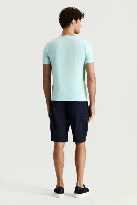 Saf Pamuk Bisiklet Yaka Açık Mavi Triko T-Shirt