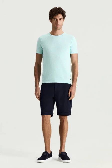 Saf Pamuk Bisiklet Yaka Açık Mavi Triko T-Shirt