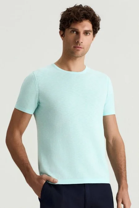 Saf Pamuk Bisiklet Yaka Açık Mavi Triko T-Shirt