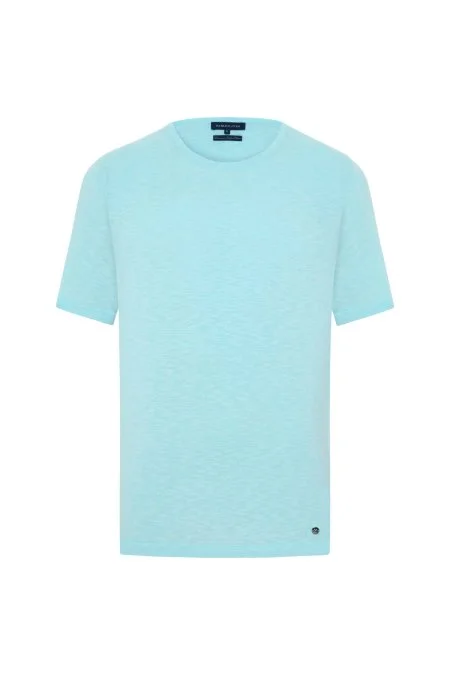 Saf Pamuk Bisiklet Yaka Açık Mavi Triko T-Shirt