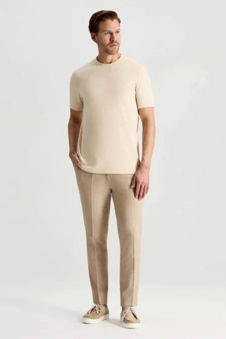 Saf Pamuk Bisiklet Yaka Krem Basic T-Shirt