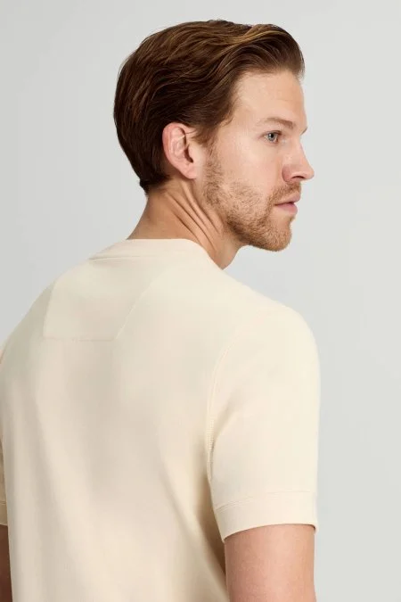 Saf Pamuk Bisiklet Yaka Krem Basic T-Shirt