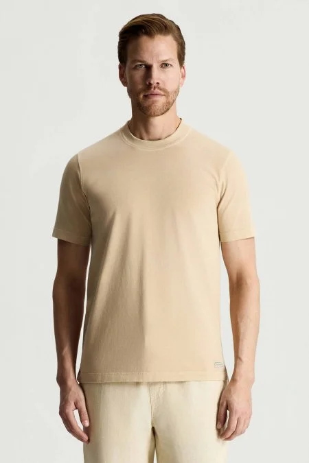 Saf Pamuk Bisiklet Yaka Bej T-Shirt