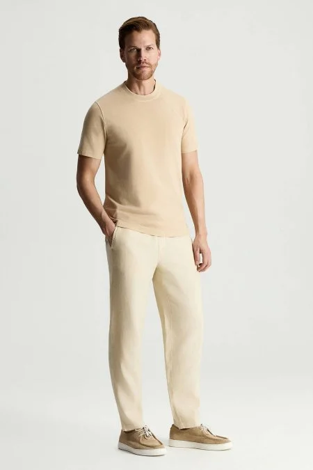 Saf Pamuk Bisiklet Yaka Bej T-Shirt