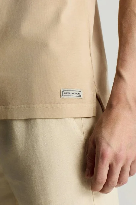 Saf Pamuk Bisiklet Yaka Bej T-Shirt