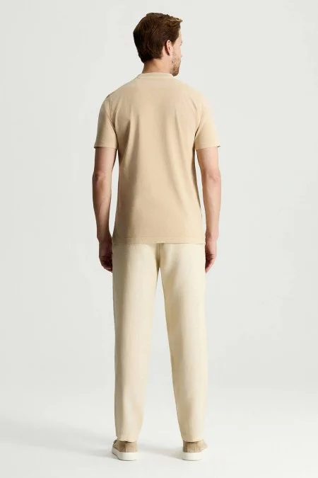 Saf Pamuk Bisiklet Yaka Bej T-Shirt