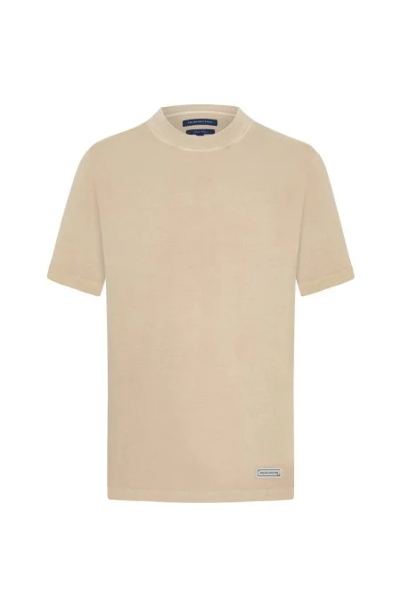 Saf Pamuk Bisiklet Yaka Bej T-Shirt