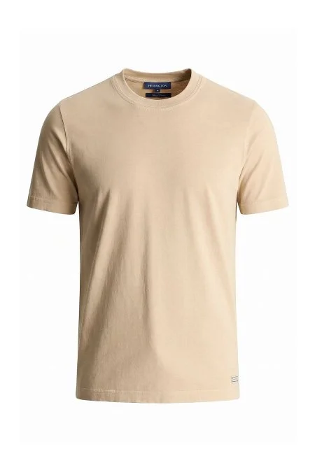 Saf Pamuk Bisiklet Yaka Bej T-Shirt