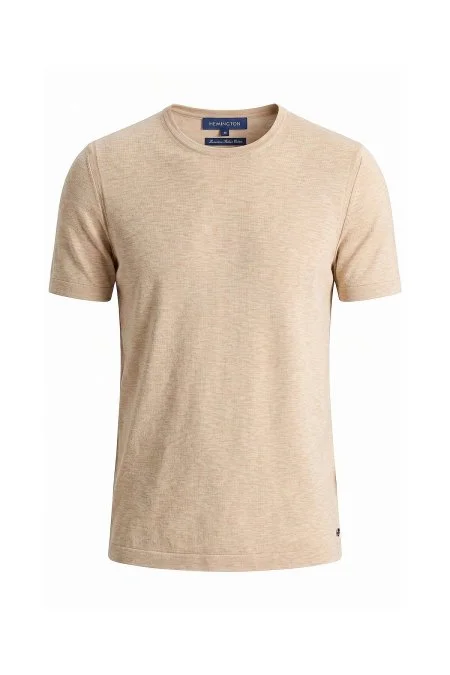 Saf Pamuk Bisiklet Yaka Bej Triko T-Shirt