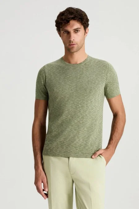 Saf Pamuk Bisiklet Yaka Haki Triko T-Shirt