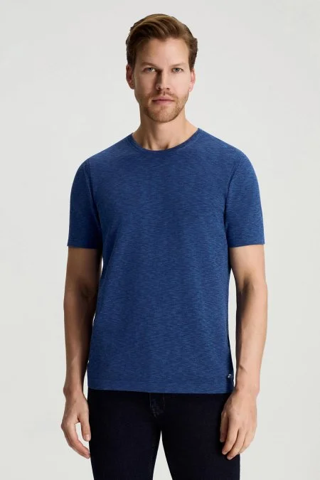 Saf Pamuk Bisiklet Yaka Koyu Mavi Triko T-Shirt