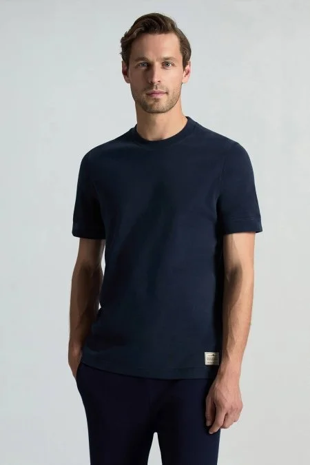 Saf Pamuk Bisiklet Yaka Lacivert Basic T-Shirt