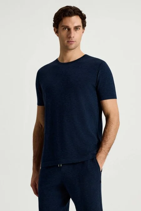 Saf Pamuk Bisiklet Yaka Lacivert Triko T-Shirt