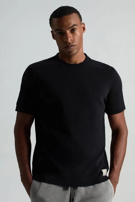 Saf Pamuk Bisiklet Yaka Siyah Basic T-Shirt