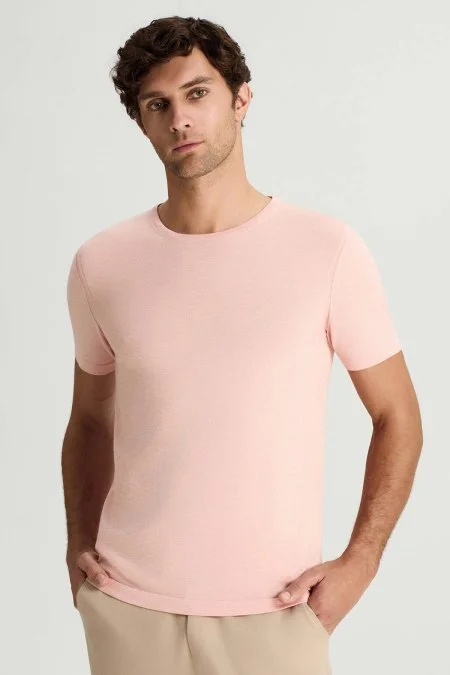 Saf Pamuk Bisiklet Yaka Somon Rengi Triko T-Shirt