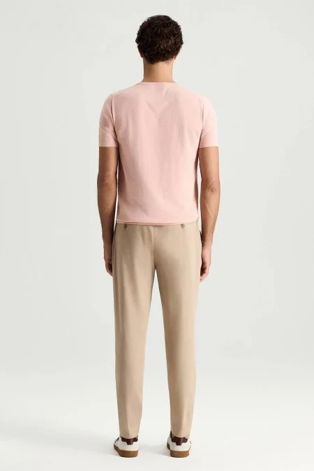 Saf Pamuk Bisiklet Yaka Somon Rengi Triko T-Shirt