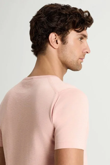 Saf Pamuk Bisiklet Yaka Somon Rengi Triko T-Shirt