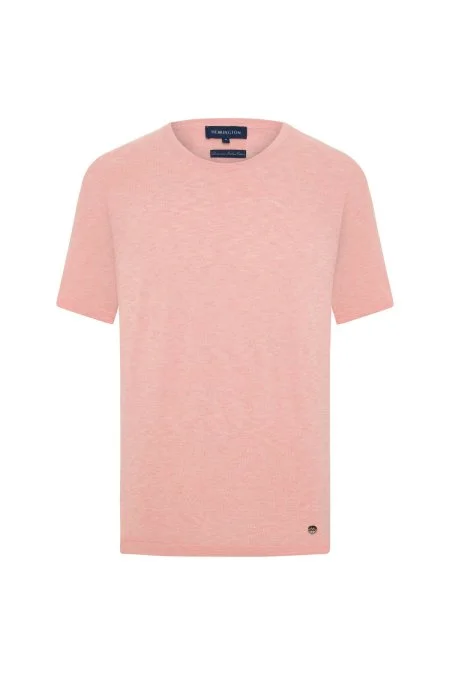 Saf Pamuk Bisiklet Yaka Somon Rengi Triko T-Shirt