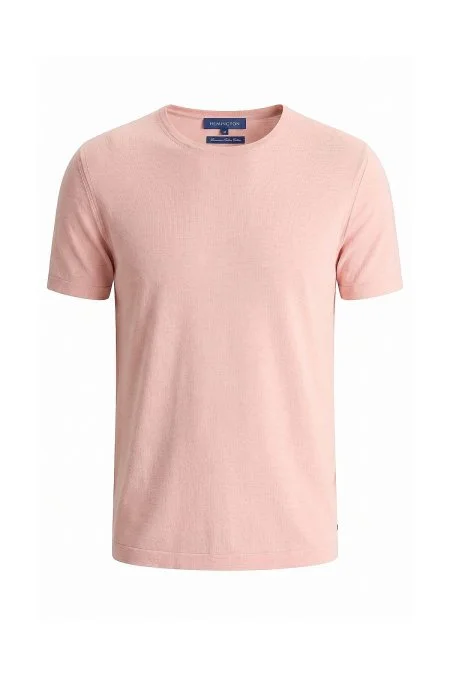 Saf Pamuk Bisiklet Yaka Somon Rengi Triko T-Shirt