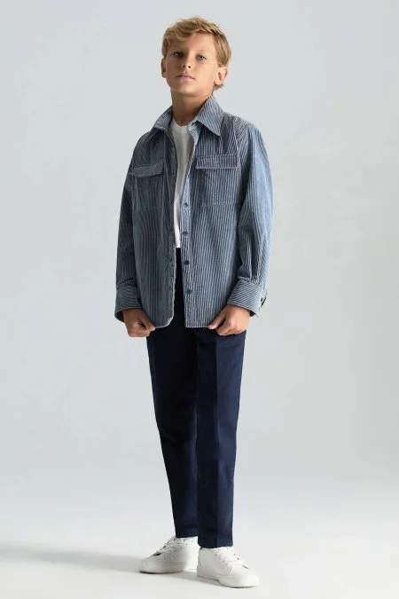 Saf Pamuk Çizgi Desenli Açık Mavi Çocuk Ceket Gömlek