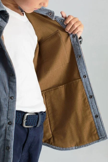 Saf Pamuk Çizgi Desenli Açık Mavi Çocuk Ceket Gömlek