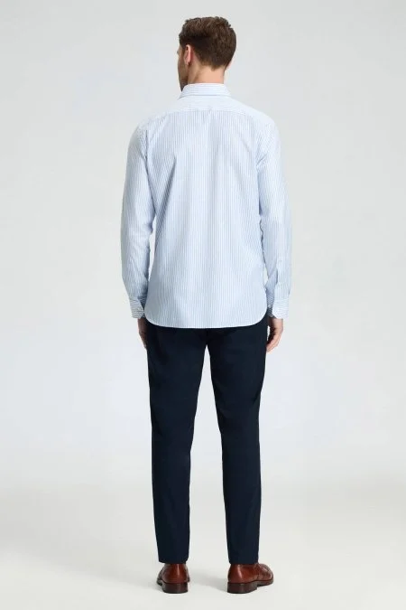 Saf Pamuk Çizgi Desen Açık Mavi Gömlek