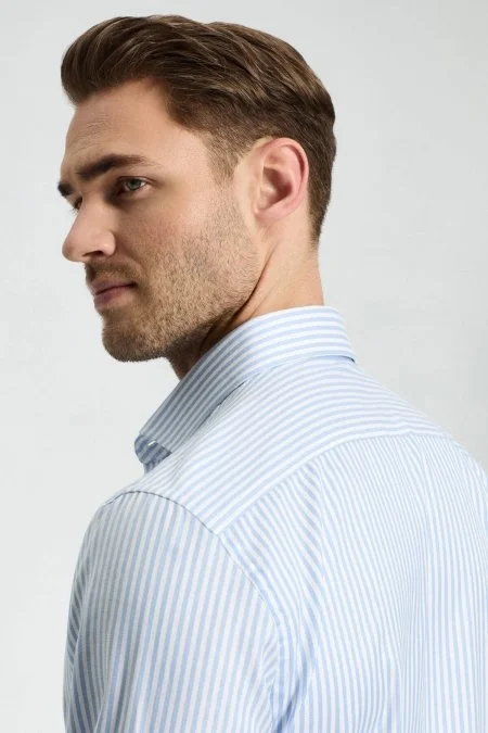 Saf Pamuk Çizgi Desen Açık Mavi Gömlek