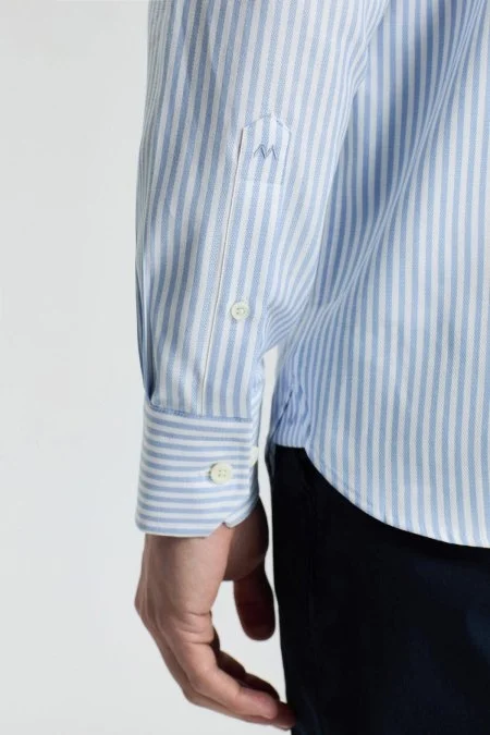 Saf Pamuk Çizgi Desen Açık Mavi Gömlek