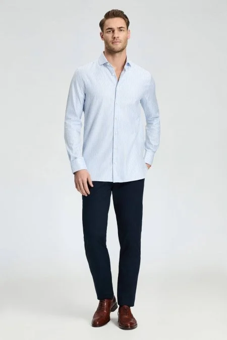 Saf Pamuk Çizgi Desen Açık Mavi Gömlek