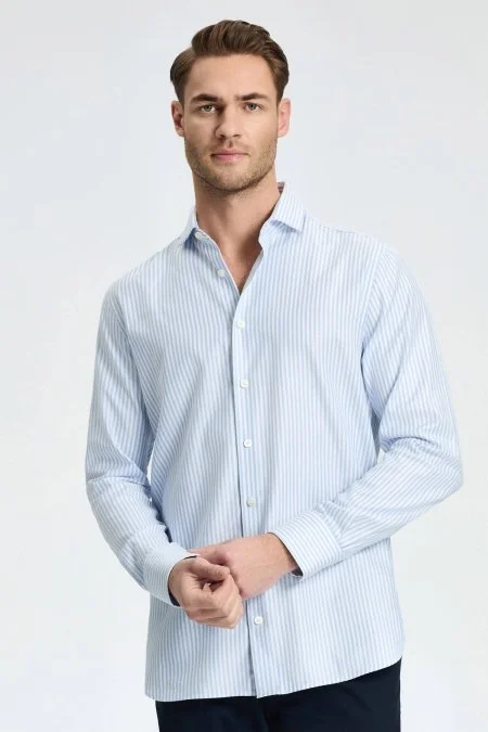 Saf Pamuk Çizgi Desen Açık Mavi Gömlek
