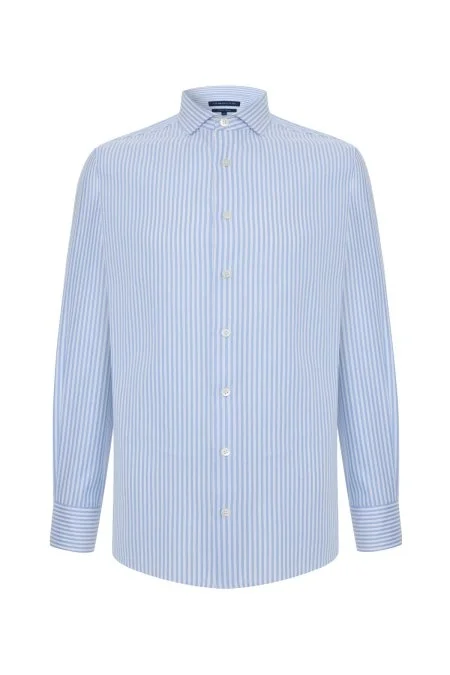 Saf Pamuk Çizgi Desen Açık Mavi Gömlek