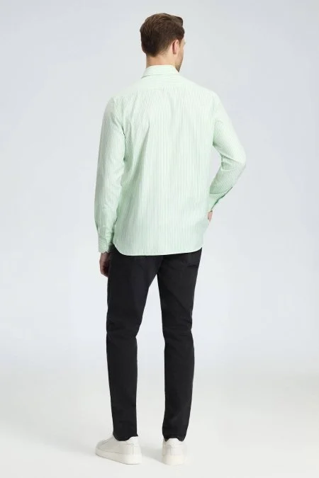 Saf Pamuk Çizgi Desen Açık Yeşil Gömlek