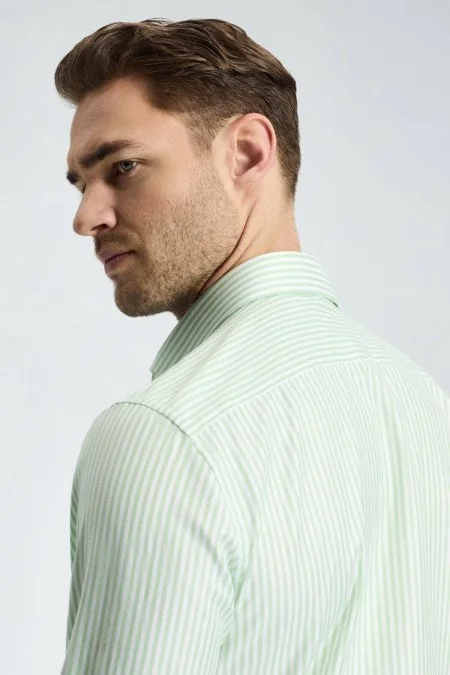 Saf Pamuk Çizgi Desen Açık Yeşil Gömlek