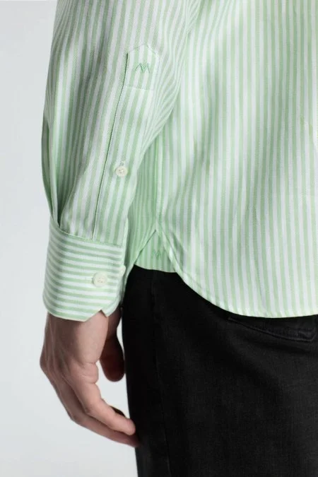 Saf Pamuk Çizgi Desen Açık Yeşil Gömlek