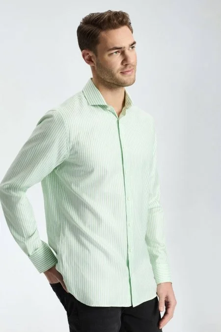 Saf Pamuk Çizgi Desen Açık Yeşil Gömlek