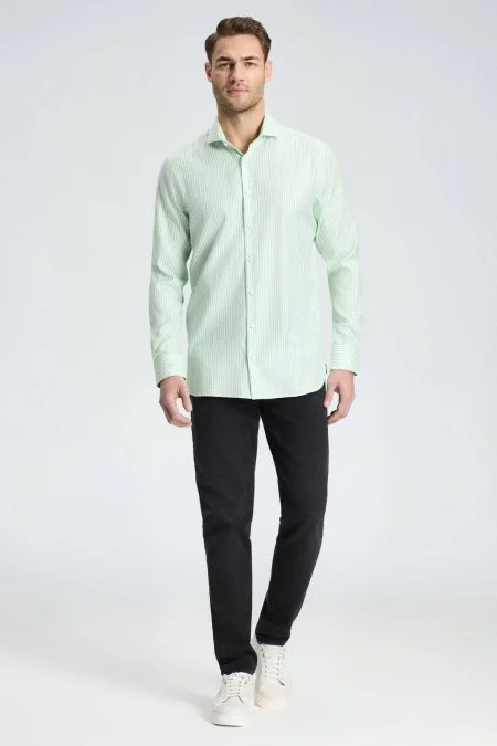 Saf Pamuk Çizgi Desen Açık Yeşil Gömlek