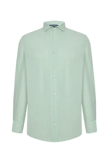 Saf Pamuk Çizgi Desen Açık Yeşil Gömlek